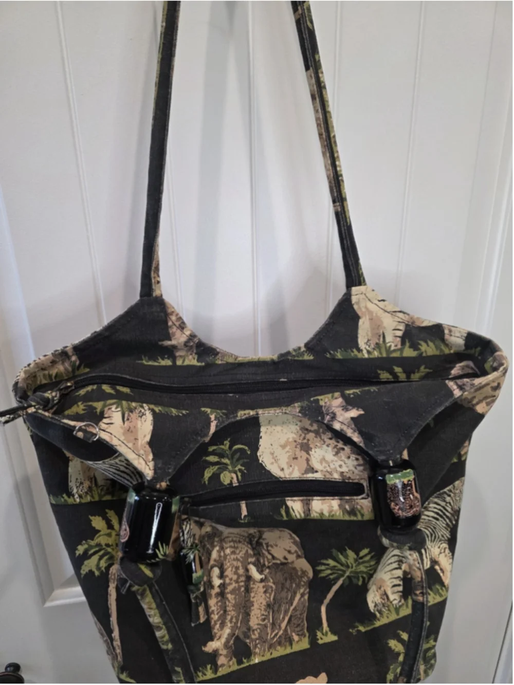 Safari Animal Print Cotton Tote Bag Elephant Zebra Palm Trees Zip Closure Pocket